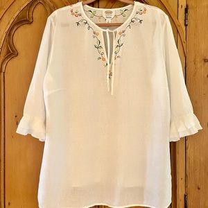 Talbots White Linen Blouse with Floral Embroidery
